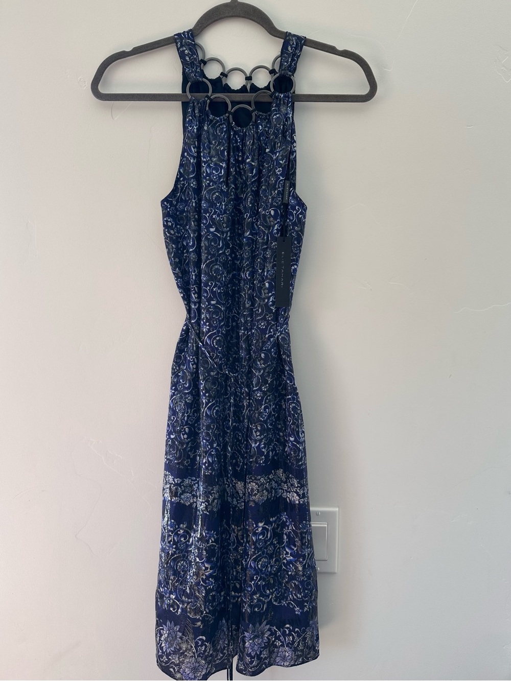 Ellie Tahari Sleeveless Navy Floral Maxi Dress with Ring Detail